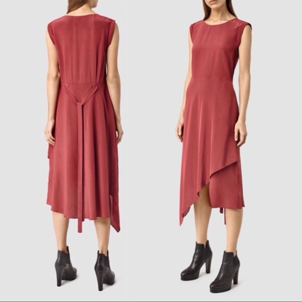 ALLSAINTS Cecilia Silk Midi Dress XS Sahara Red Belted Faux Wrap Asymmetrical